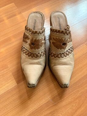 Jeffrey Campbell Tan Leather Floral Cutout Slip-On Mules
